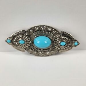 Vintage Silver Tone Faux Turquoise Statement Brooch Western Southwestern Pin